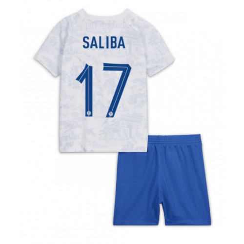 Otroški Nogometni dresi Francija William Saliba #17 Gostujoči SP 2022 Kratek Rokav (+ Kratke hlače)